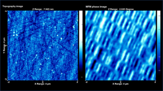 Topography image (left) and Magnetic Force Microscopy (MFM) phase image (right) of an old 2.5” IBM-Hitachi DJSA-220 12GB hard disk platter. A NANOSENSORS Akiyama-probe with a custom magnetic coating is operated in frequency modulation, lift mode with lift height 70nm.